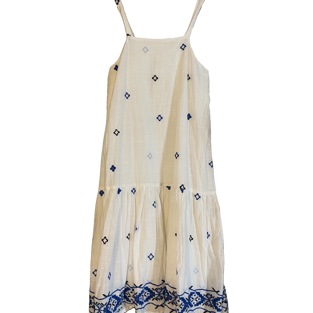 Zara Tiered Midi Dress Girls 11-12 White Cotton Blue Geometric Embroidery Beach